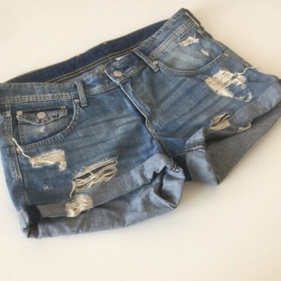 H&M Jean Shorts Flap Pocket Distressed Blue - Picture 4 of 14